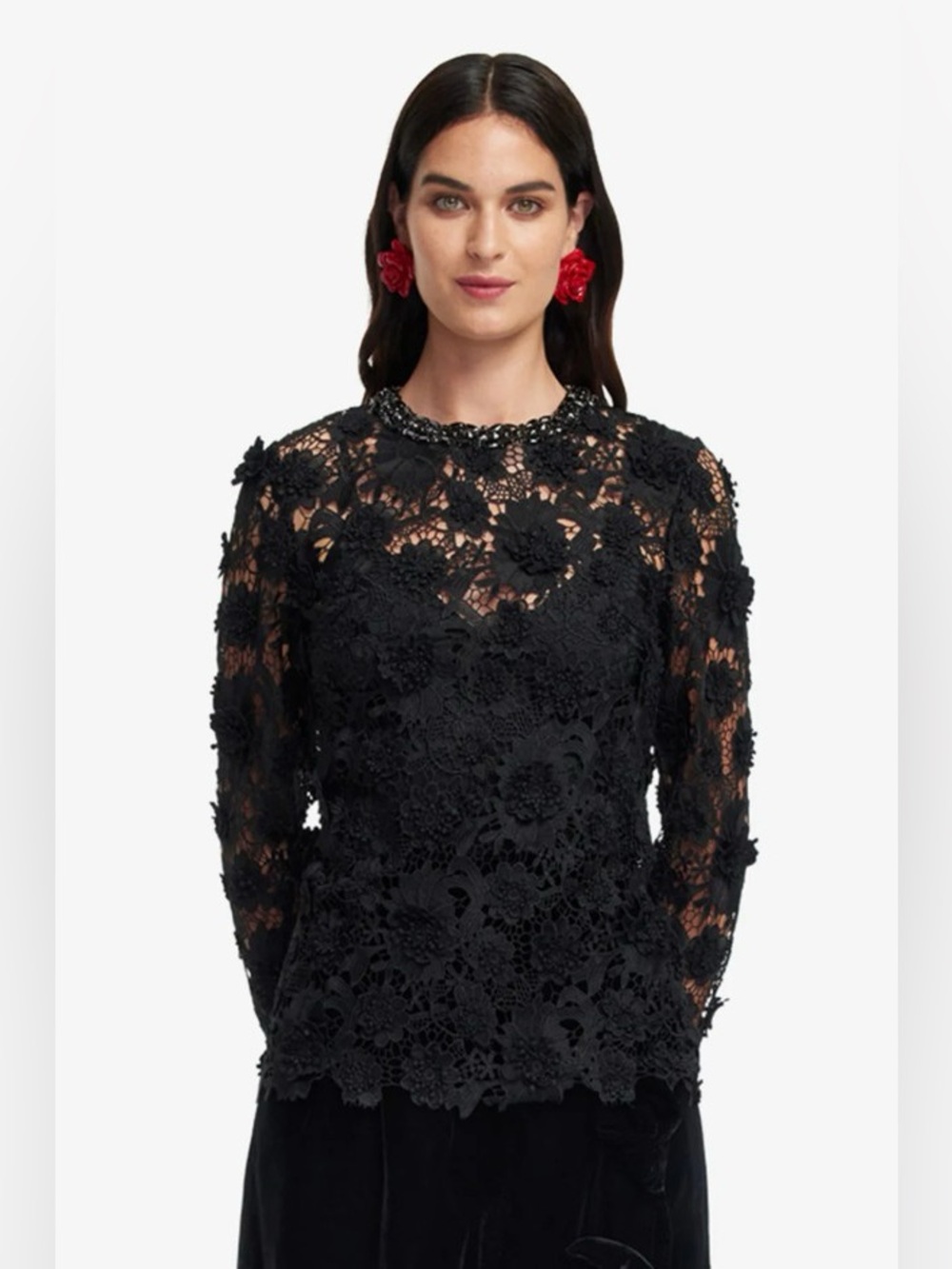LEO LIN Ines Black Lace Flower Applique Long Sleeve Embellished Top AU8/US4 NWOT